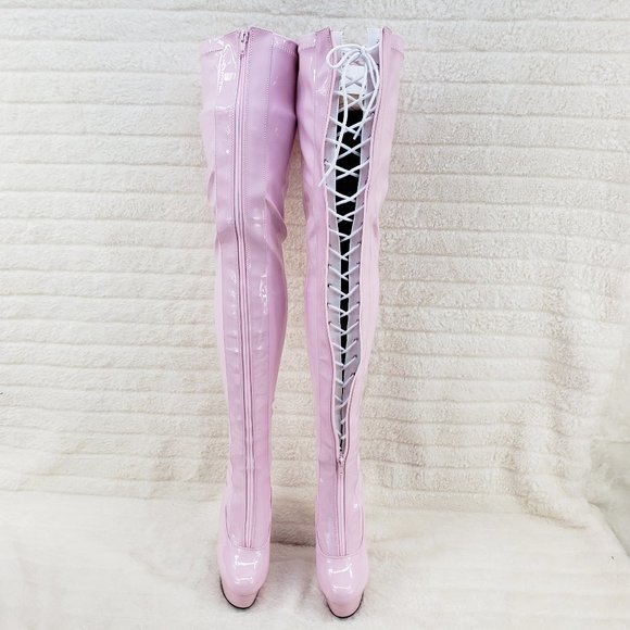 Baby Pink White Patent Platform Thigh High Heel Front Zipper / Lace up Boots - Picture 5 of 12